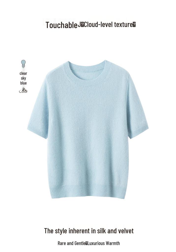 Women's Cashmere Mulberry Silk Round Neck Short Sleeve Knit Top, Plain Color, Loose-Fit, Three-Quarter Sleeve Sweater.