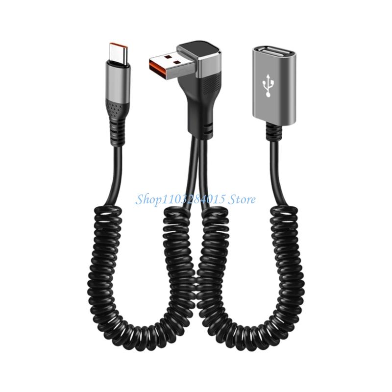 R6FF 66W Fast Charging 90 Degree Angled USB Spring Coiled Data Cable for Car Computer