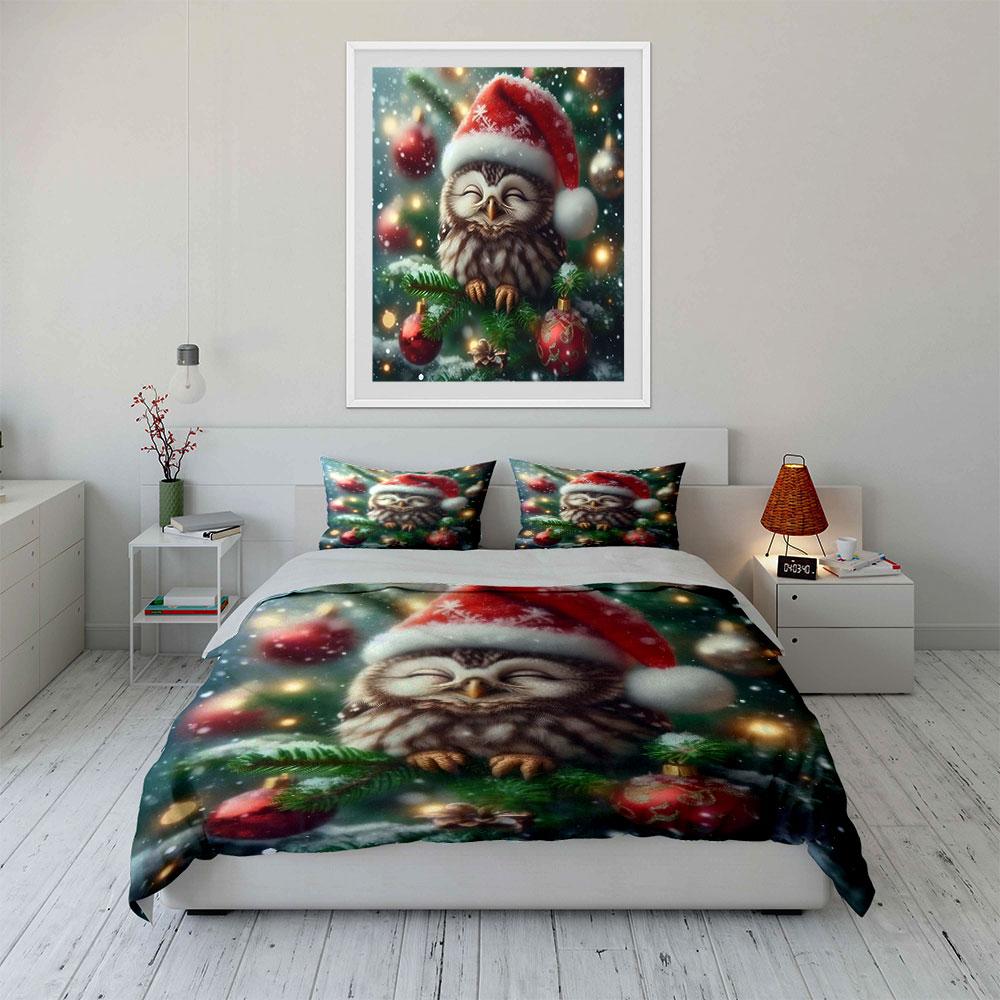Christmas Owl with Santa Hat Bedding Duvet Cover Set  (1*Duvet Cover 2*Pillowcases, without duvet insert)