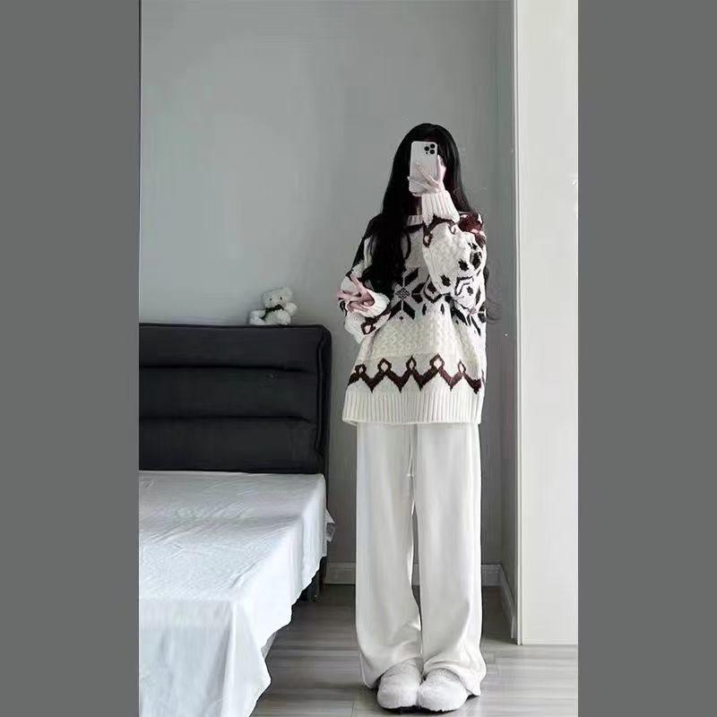 Women's Spring Academy-Style Knit Sweater & Wide-Leg Pants Two-Piece Set