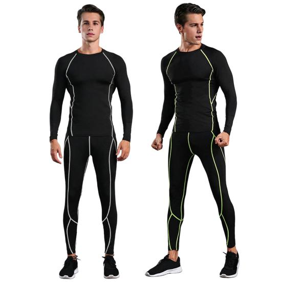 2 sztuki/zestaw męski strój sportowy z okrągłym dekoltem i długim rękawem, długie spodnie, pasiasty nadruk, obcisły, szybkoschnący strój sportowy