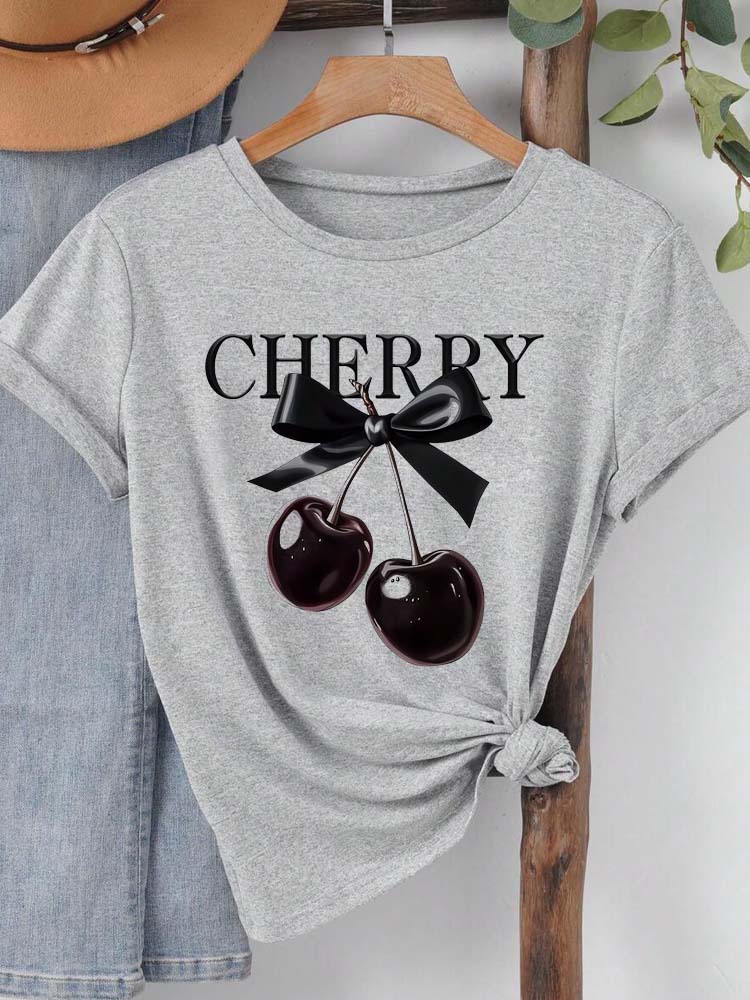 New Summer Women T Shirt Fashion Cherry Bow Print Short Sleeve T-Shirts Casual Streetwear Hip Hop Y2k Clothes Tops