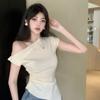 Pure Desire Style Spice Girl Sexy Slanted Shoulder Short-sleeved T-shirt Niche Fashion Design Sense Unique Irregular Top Ins