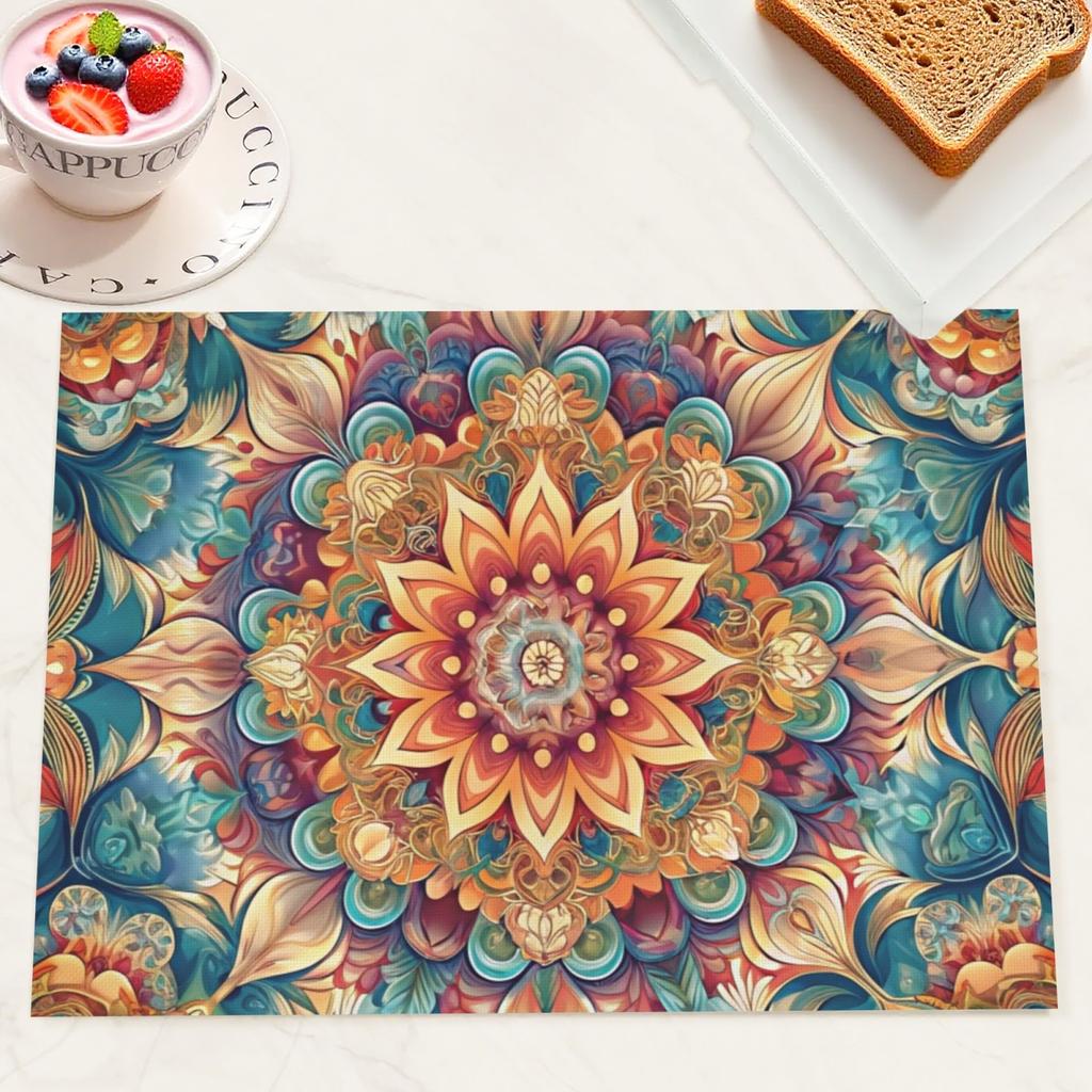 4pcs Polyester Mandala Style Floral Placemats Heat-Resistant Washable Non-Slip Table Mats for Kitchen Dining Table Home Decor
