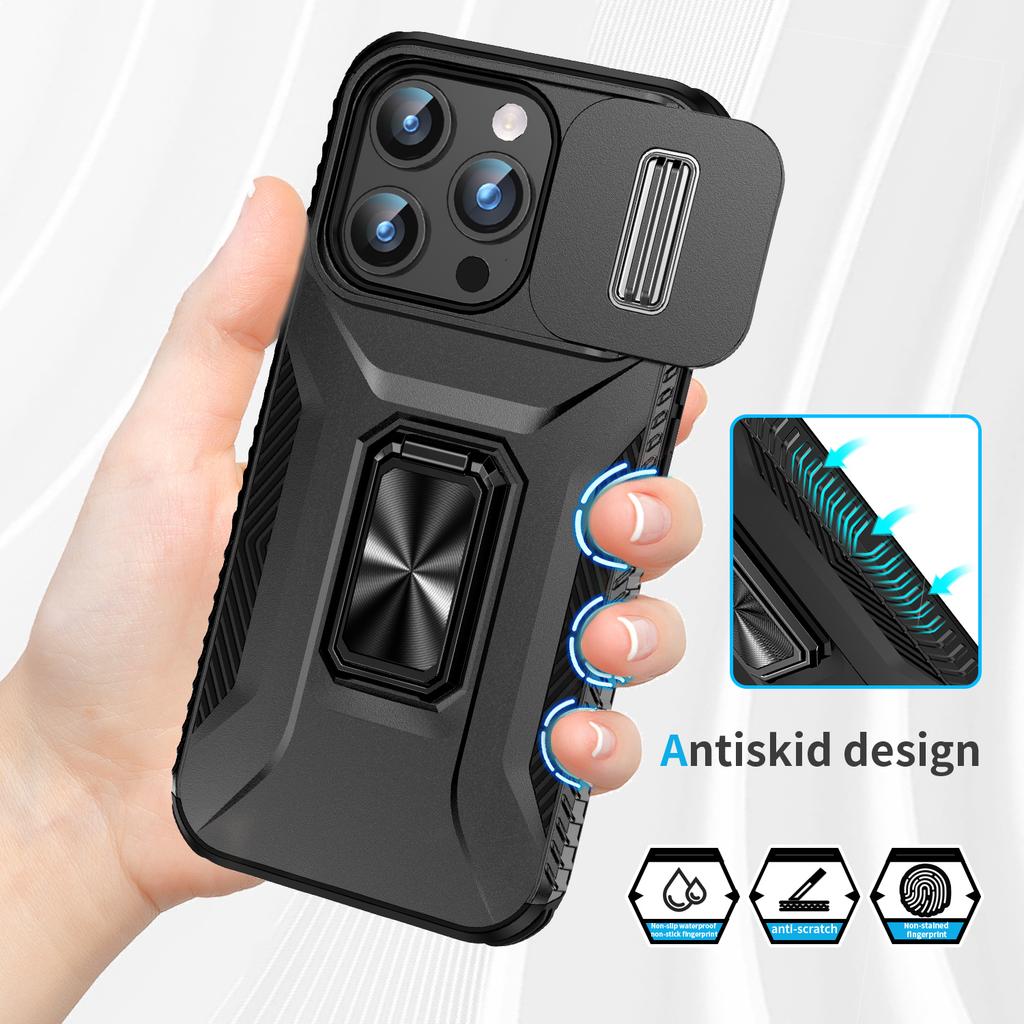 For iPhone 15 Pro Max Case Camshield Kickstand TPU+PC Anti-Slip Phone Cover