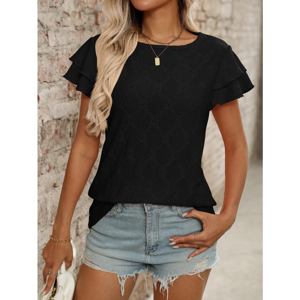 Damen Sommer Neuer Stil Einfarbig Rundhals Süß Kurzarm T-Shirt Ausgehöhltes Oberteil