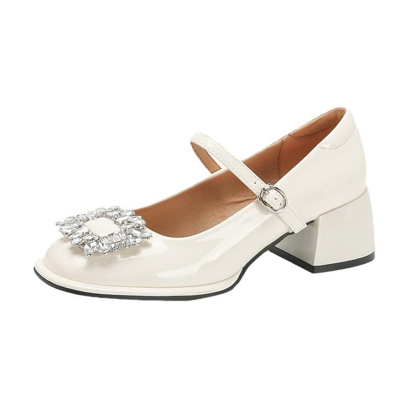 Shallow Rhinestone Mary Jane Shoes Women's French Retro Thick Heel with Daily Skirt High Heel Red Bridesmaid Shoes