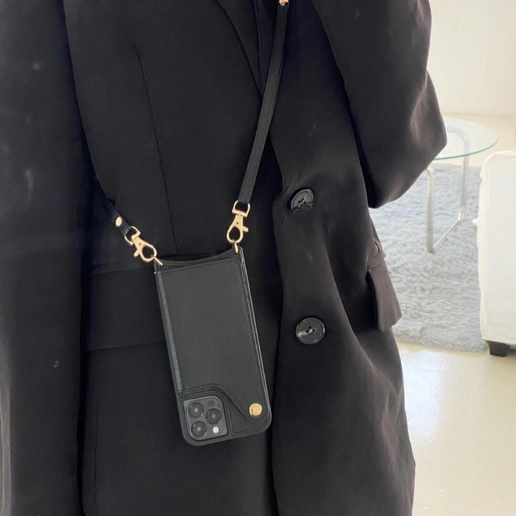 Applicable To Iphone14pro Mobile Phone Case Oblique Span Flip Cover Insert Card Mirror Leather Case 14max Japanese and Korean Strap Protective Case