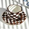 Nordic Style Hand-kneaded Checkerboard Ceramic Coffee Cup Saucer Black and White Hand-painted Afternoon Tea Cup Tableware