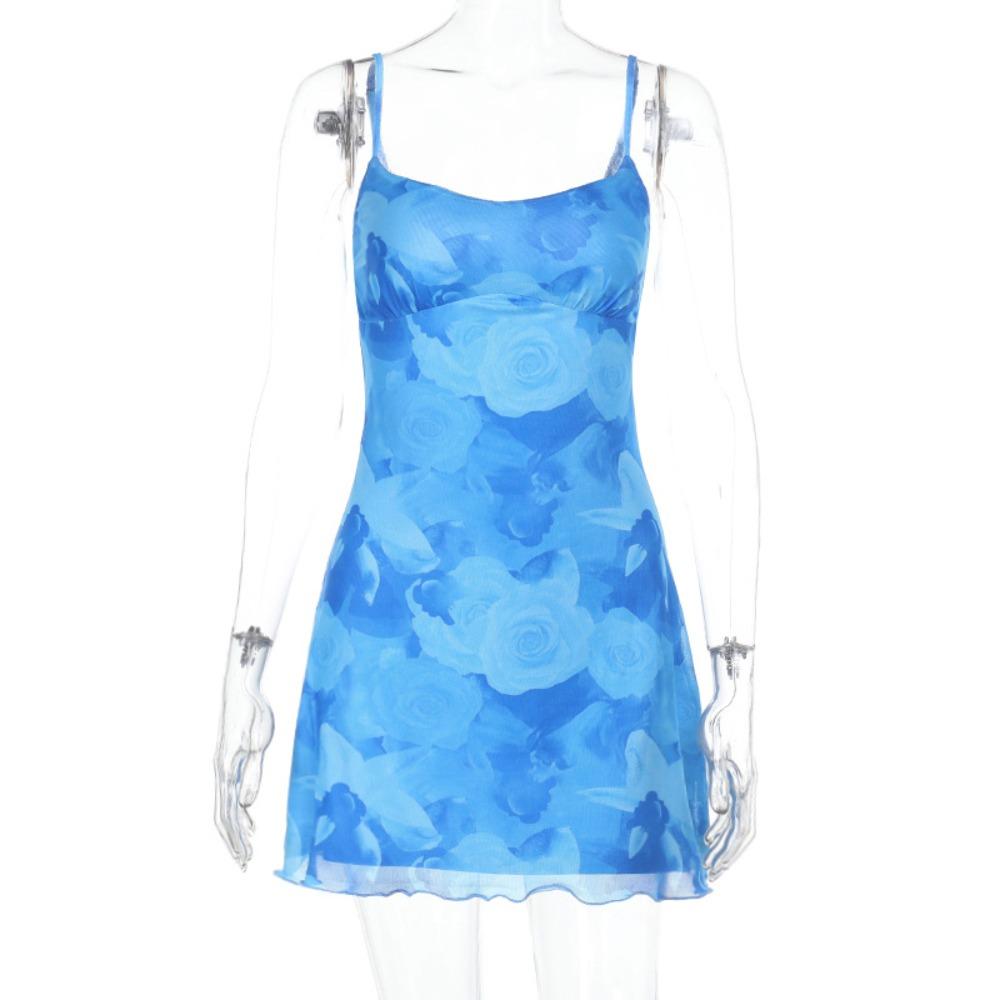 Damen U-Ausschnitt Ärmellos Netz Mini-Kleid Figurbetont Mittlere Taille Sexy Boho Blumendruck Bodycon Slipkleid