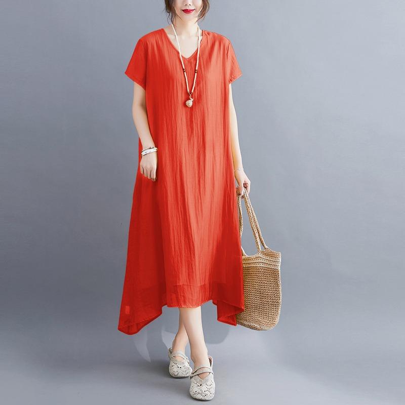 A Woman In A Solid V-neck Dress for Summer