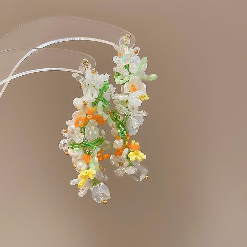 Silver needle chiffon flower fringed stud earrings sweet Mori dopamine earrings niche trend versatile earrings fashion women