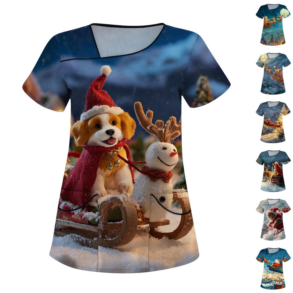 Women's Printed Work Clothes, Sloping Collar And Double Layer Pockets, Basic Top Pullover