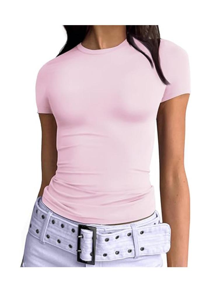 

Футболка с круглым вырезом, базовый укороченный топ с коротким рукавом, женская футболка, повседневная майка, облегающий женский укороченный топ, модная футболка, уличная одежда Y2k M розовый