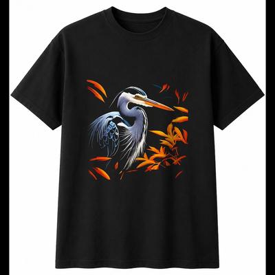 Grey Heron Psychedelic Bird Mens T-Shirt Black 100% Cotton Birdwatching Printed