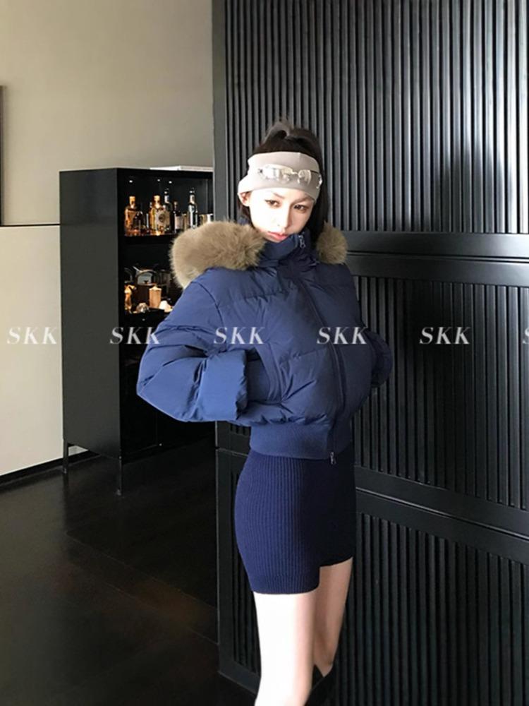 Women's Dark Blue Short Puffer Jacket with Big Fur Collar