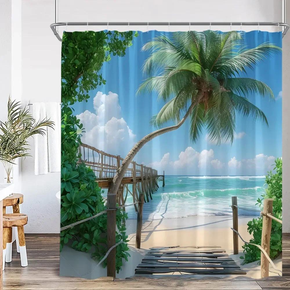 Moderní Krása Plážová Krajina Sprchový Závěs Letní Dovolená Plážová Krajina Plachtění Koupelnová Dekorace Sprchový Závěs