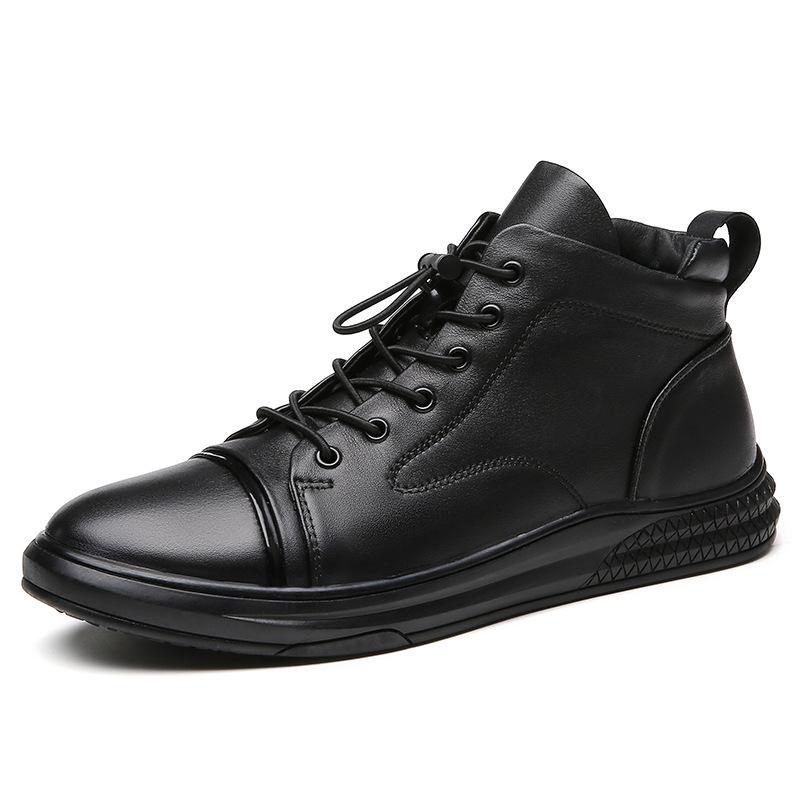 Autumn and winter first-layer cowhide high-top velvet lace-free casual leather shoes men's shoes men's mid-tube board shoes cotton shoes Martin boots