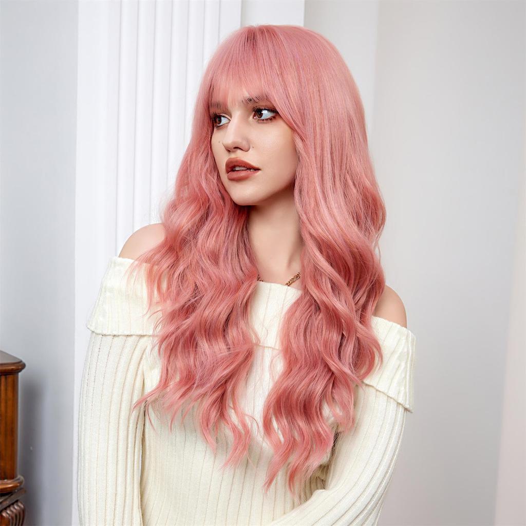 ALAN EATON Růžová syntetická paruka Dlouhé vlnité paruky s ofinou Lolita Cosplay paruky pro ženy Vlákno odolné vůči teplu Paruky z přírodních vlasů