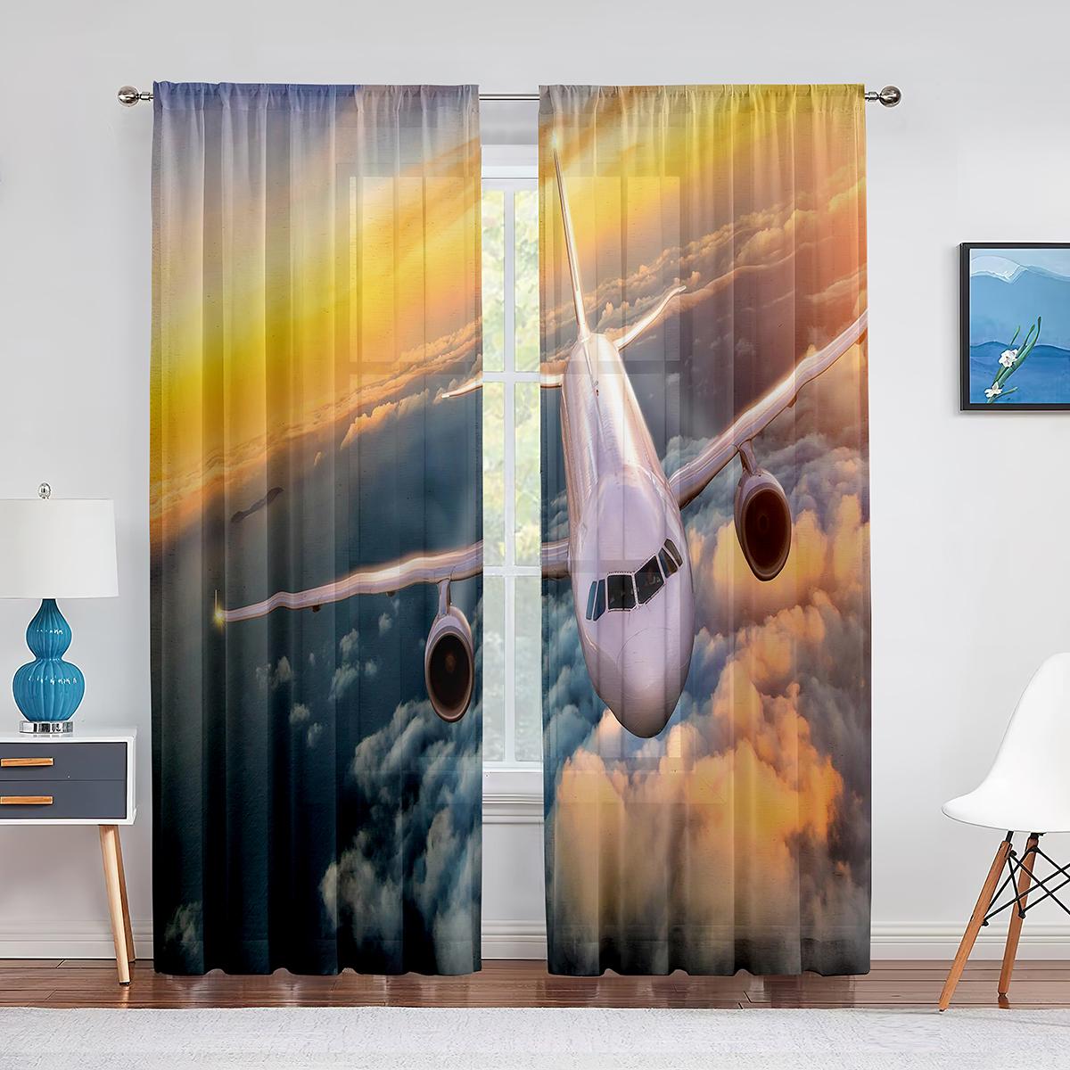 

Самолет, летящий над морем, закат, натуральные полупрозрачные шторы для гостиной, шифон, вуаль, оконные, для спальни, тюлевые шторы, драпировки 1 PCS W100XH250cm&Grommet Top