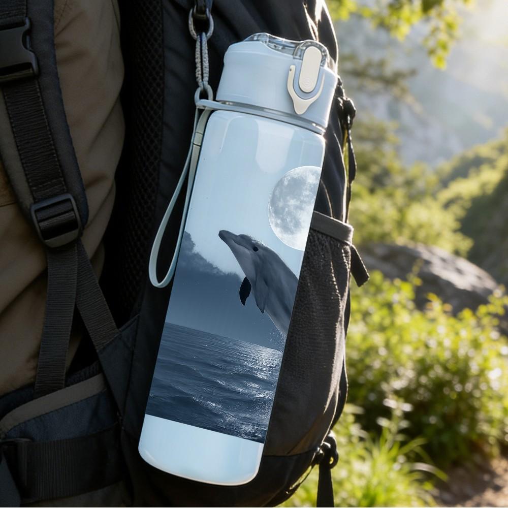 1PC Whale Jumping Ocean Wave Print 750ml Color Plastic Sports Water Bottle Leakproof Flip Straw Lid Suitable for Sports Office Home Use