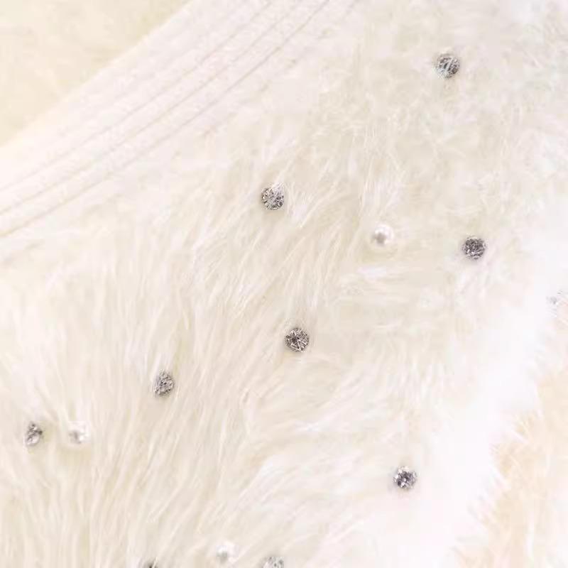Autunno Inverno Donna Scollo a V Lussuoso Perline Bottone a Cuore Mohair Maglione Lavorato a Maglia Peloso Cardigan Natalizi Top