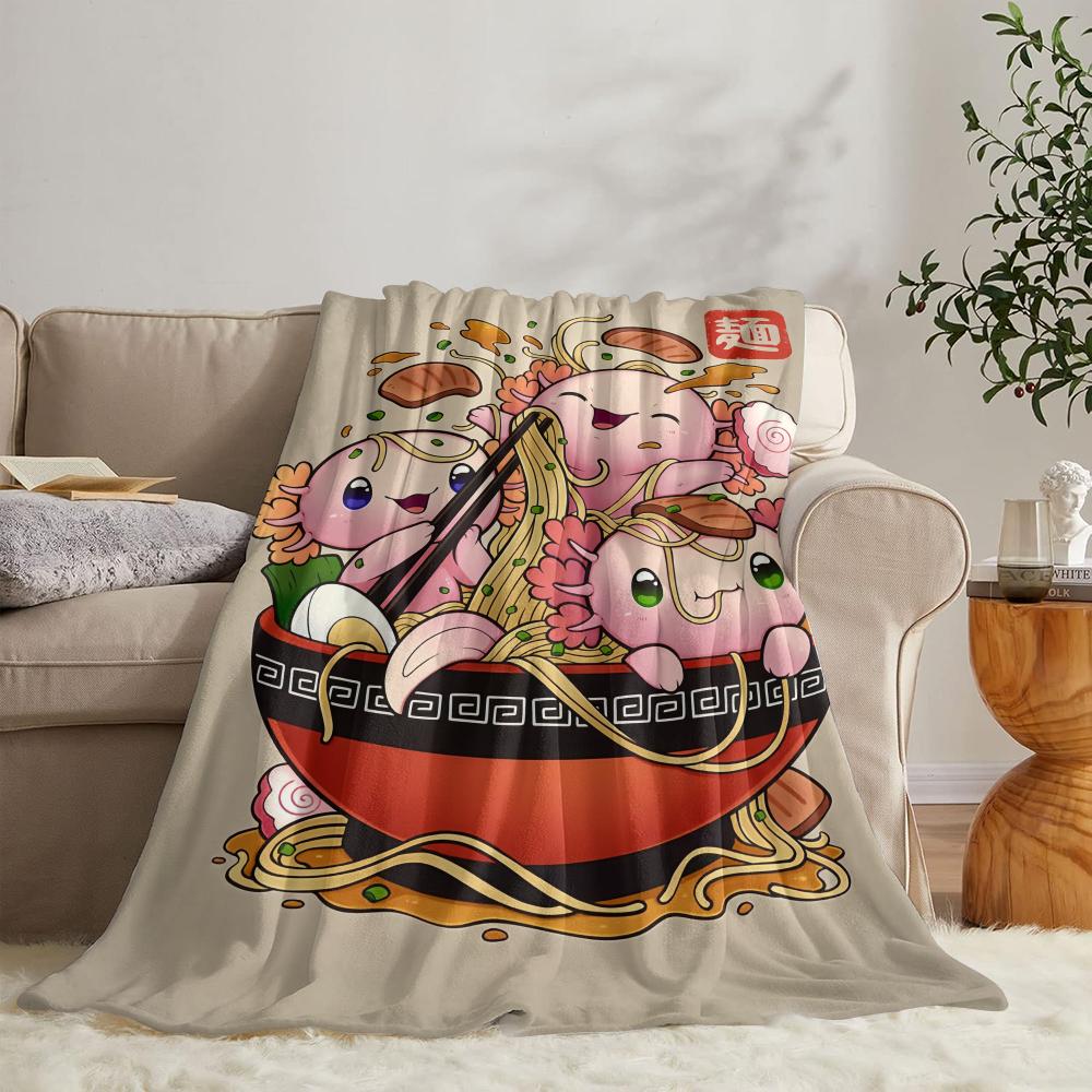 Ramen Axolotls Art Design Throw Soft Flannel Throw Summer Blanket Lightweight Cozy Nap Blanket for Sofa Bed Travel