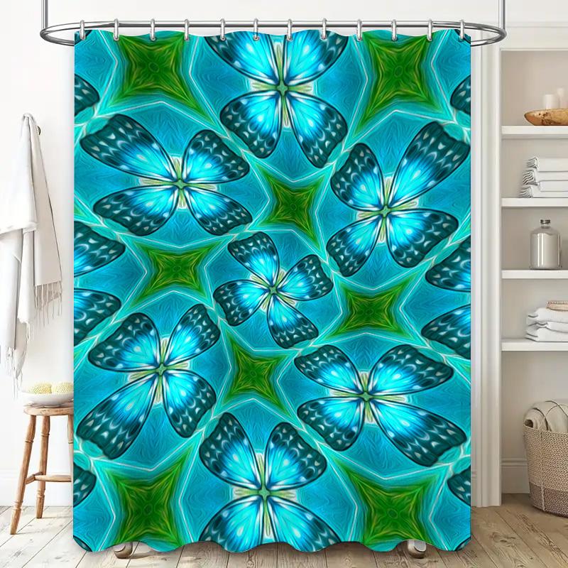 Blue Butterfly Pattern Shower Curtain Bathroom Decor for Girls, Waterproof Fabric with Hooks Set 72 x 84 Inches (Large Size) [Pr