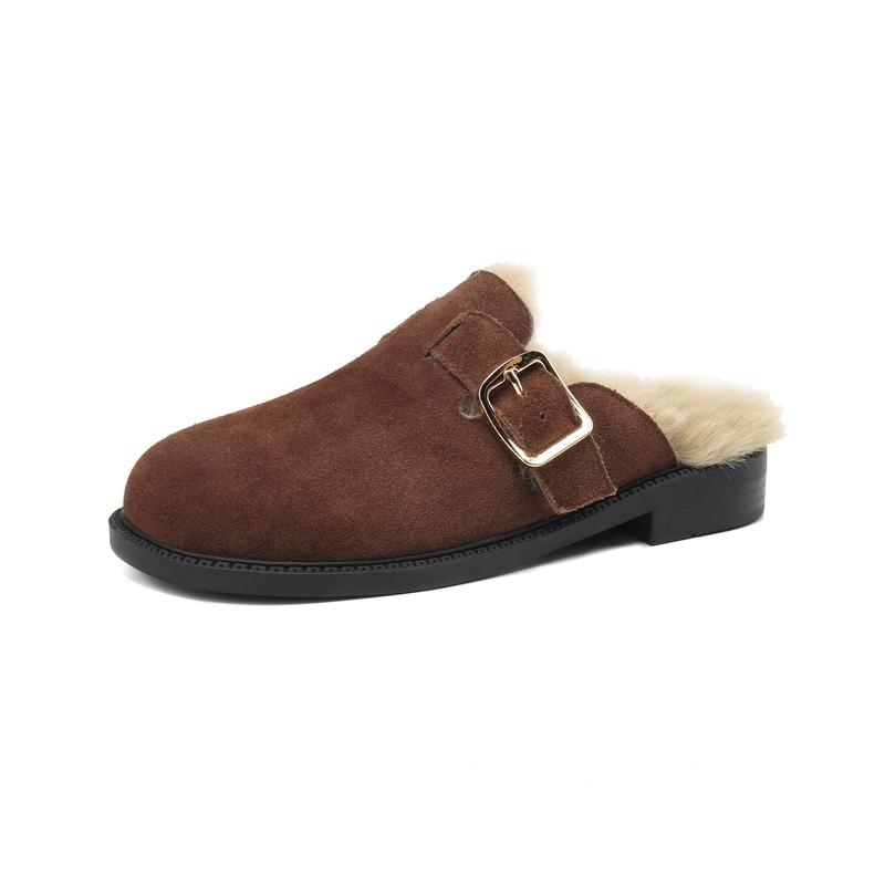 

Модные женские новые зимние туфли с круглым носком из натуральной коровьей кожи на среднем каблуке с металлической пряжкой-ремнем, обернутые теплыми шлепанцами из меха мула 240 коричневый
