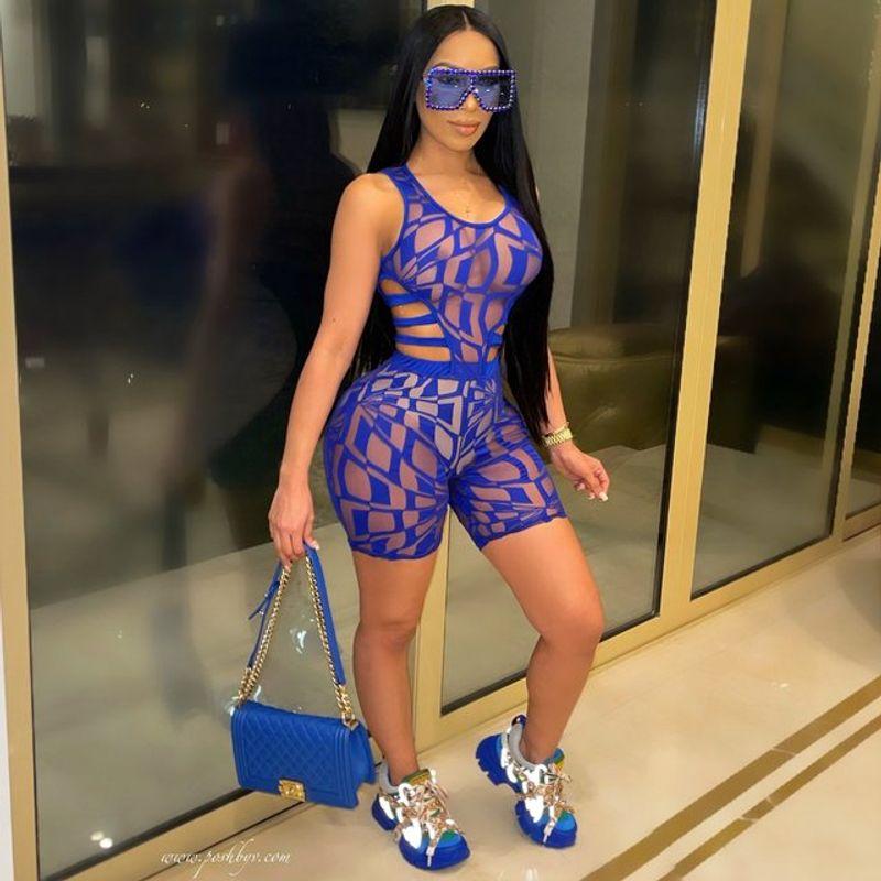 

Print Top + Shorts See through 2 Piece Set Print Tops + Perspective Shorts blue set S