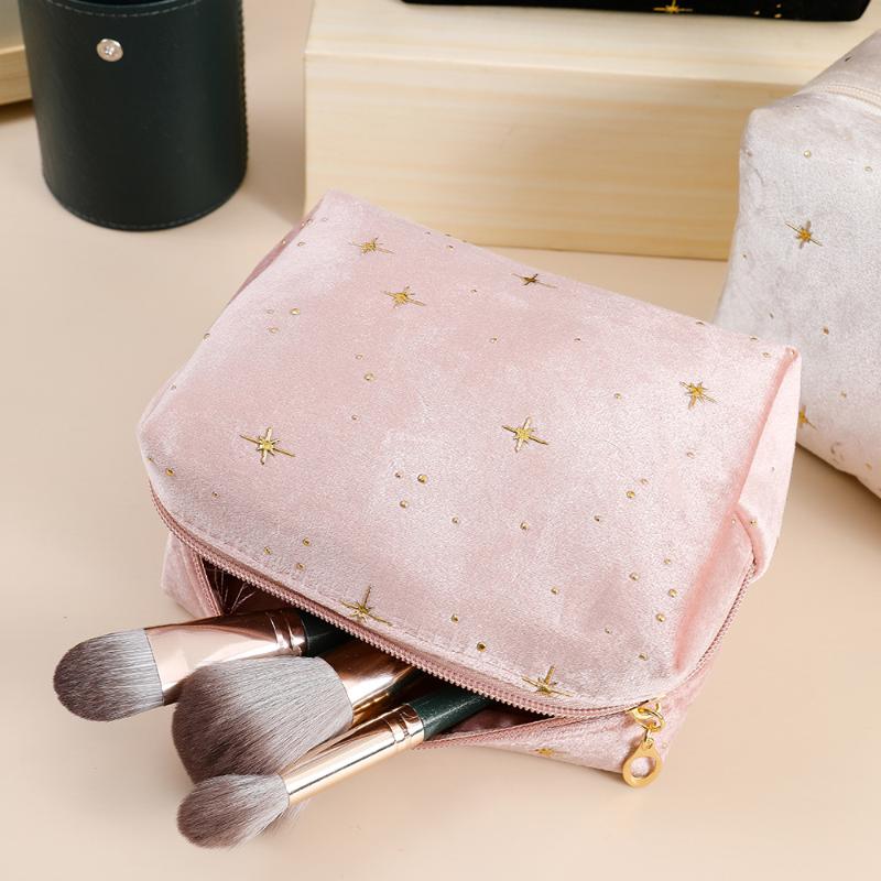 Cosmetic Pouch Spacious Velvet Cosmetic Bag Travel Toiletry Organizer With Star Pattern Portable Makeup Case For Lipstick