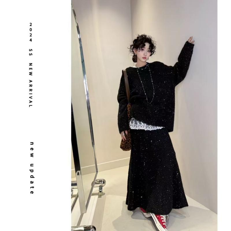 Lazy wind soft waxy sweater elastic waist fishtail long dress two-piece set autumn and winter new sequined knitted suit women