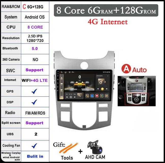 4G+WIFI Android 14 For KIA Forte Cerato 2 TD 2008 2009-2013 Car Radio Multimedia Player GPS Navigaion DSP Stereo Auto