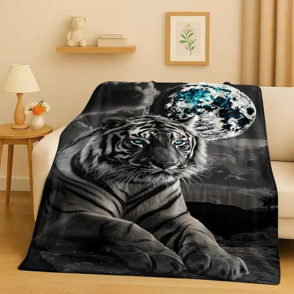 Classic Tiger Lion Beast Art Cartoon Flannel Blanket,Ultra Soft Warm Plush Throw For Home Bedroom Bed Sofa Cover Office Travel