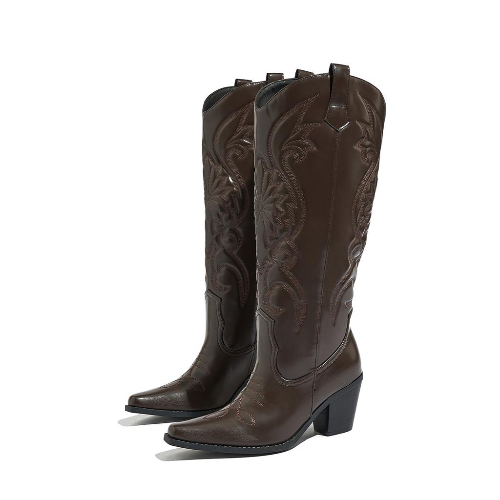 Western Boot Retro Embroidery Round Pointed Top Thick Heel V-shaped Wide Cuff Thick Bottom Long Boots Women's Chunky Heels Boots