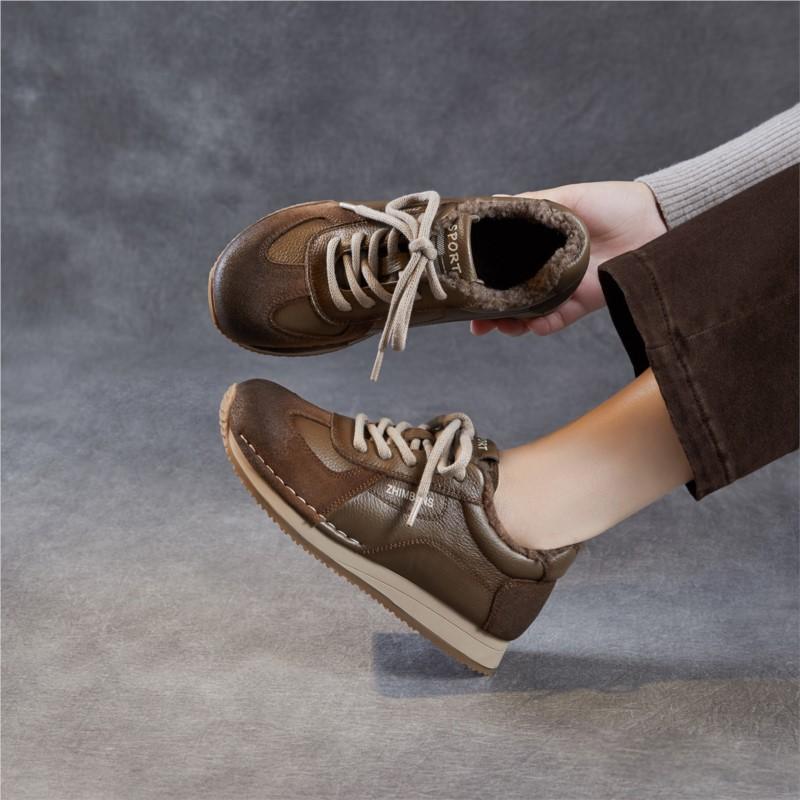 Johnature Echtes Leder Plüsch Warme Damen Schuhe Lässig Weich besohlt Sportschuhe Vielseitige Schnürschuhe Baumwollschuhe