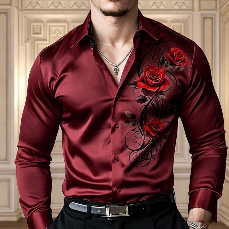 Men's Satin Red Rose Print Long Sleeved Shirt with Slim Fit Collar, Button Down Down, Party Casual Shirt