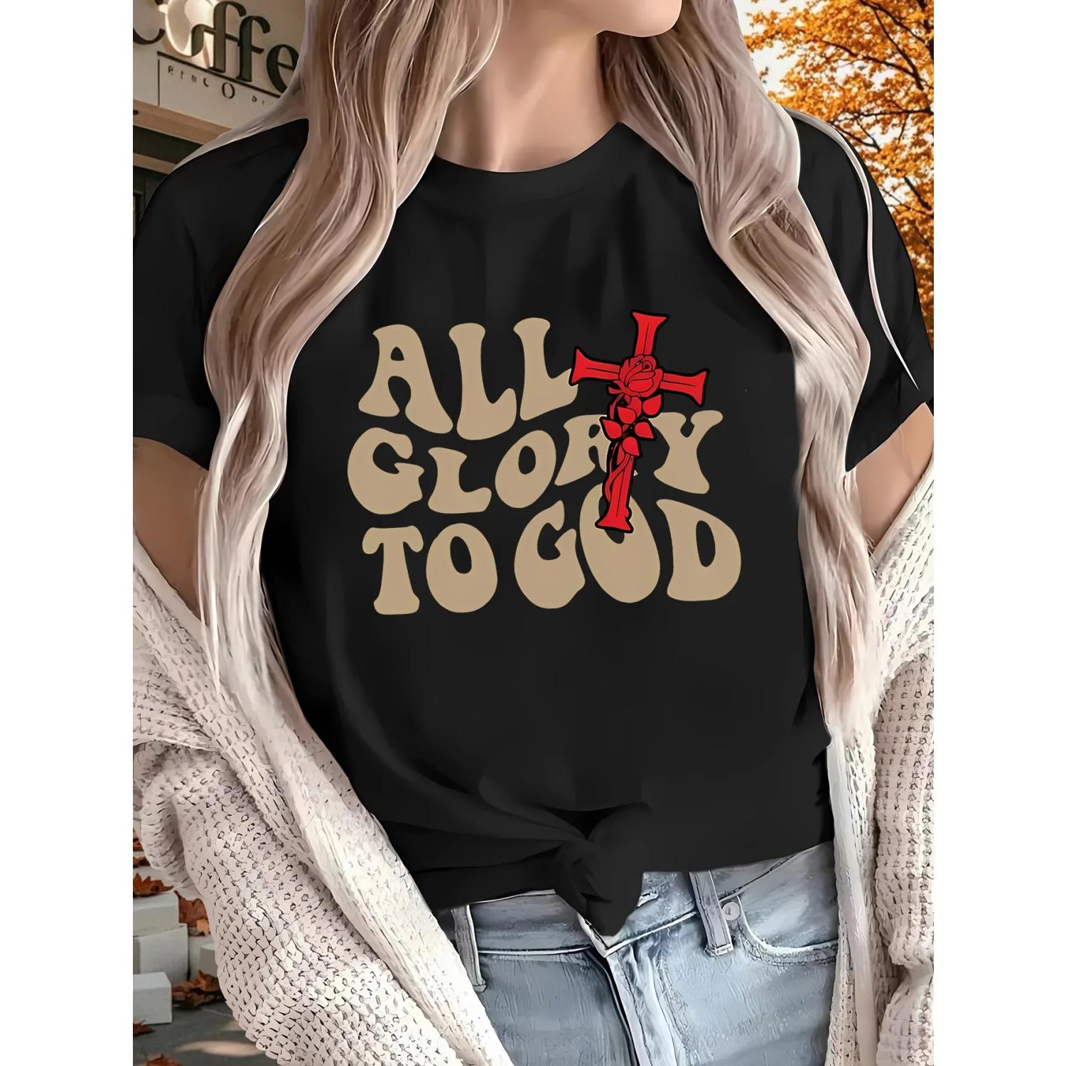 

ALL GLOHY TO GOD print Sleeved and White Optional Seasons Outdoor Home Sports Gatherings Vacations New Women S T-Shirt S чёрный