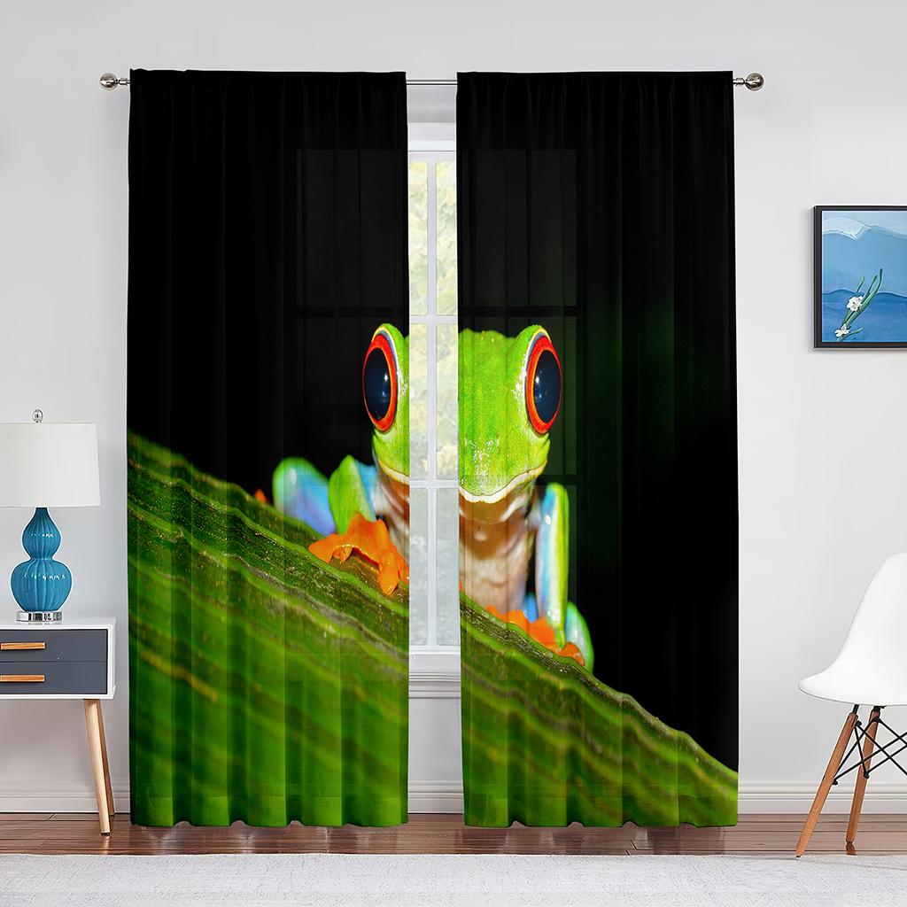 Grünes Tier Rote Augen Laubfrosch auf Blatt Tüllvorhang für Wohnzimmer Schlafzimmer Küchendekor Voile Transparenter Vorhang Fenstervorhänge
