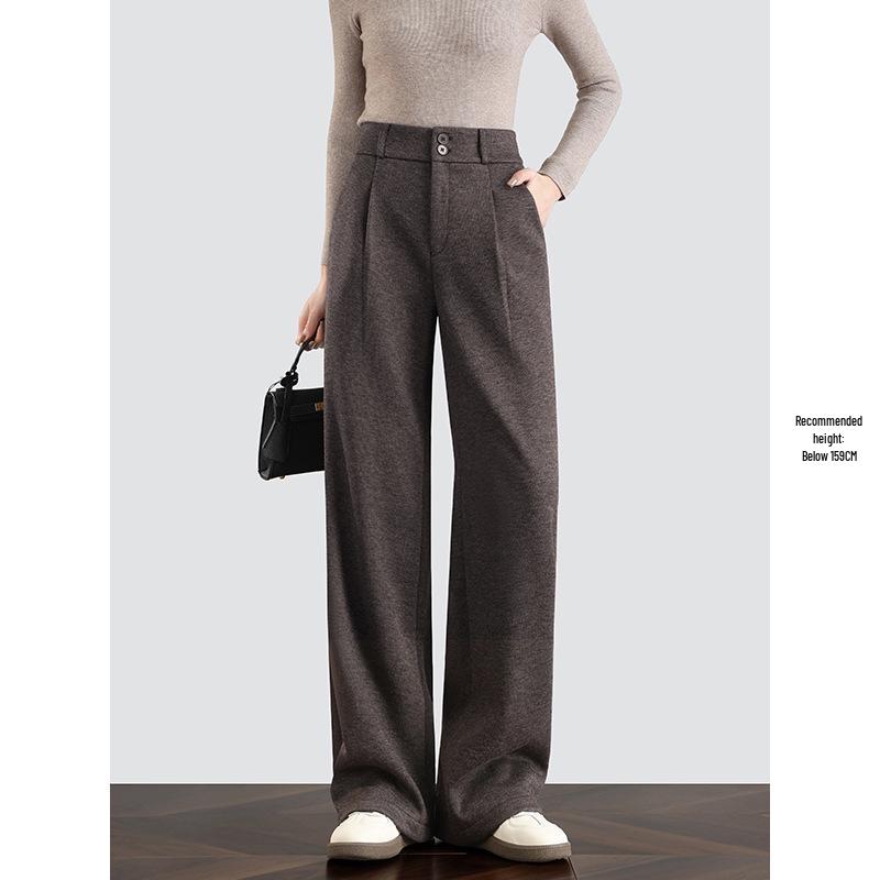 Women's Spring Style High-Waisted Oatmeal Wool Wide-Leg Fleece-Lined Pants