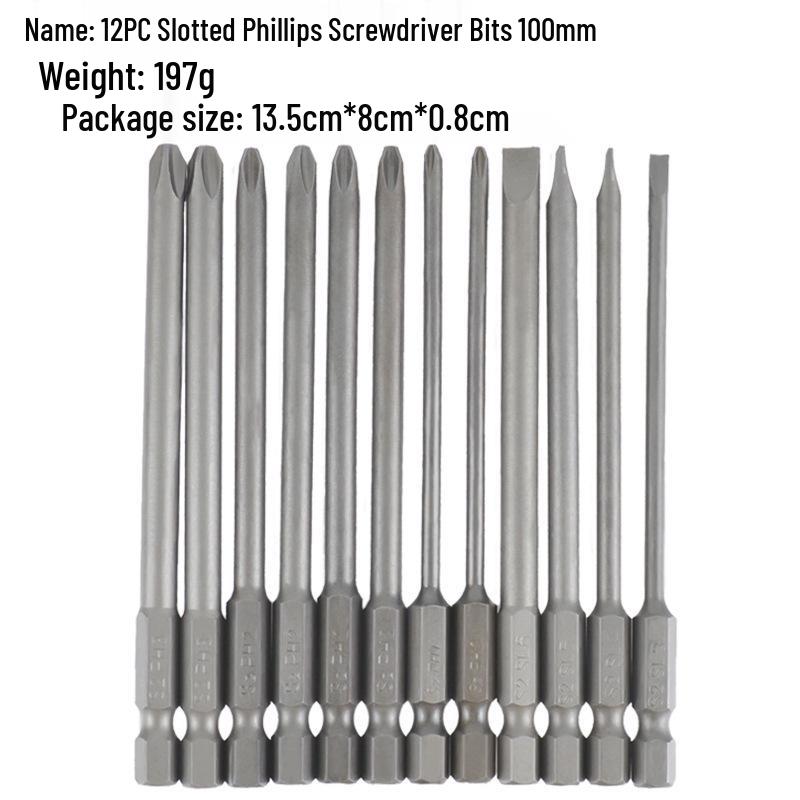12-Piece 100mm S2 Screwdriver Bit Set: Flat & Phillips Heads