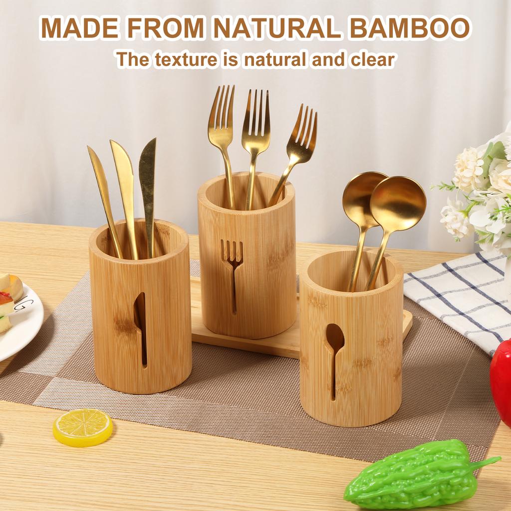 3 Pcs Bamboo Utensil Holder with Tray Cutlery Containers Drying Rack Kitchen Knife Spoon Fork Storage Tableware Organizer