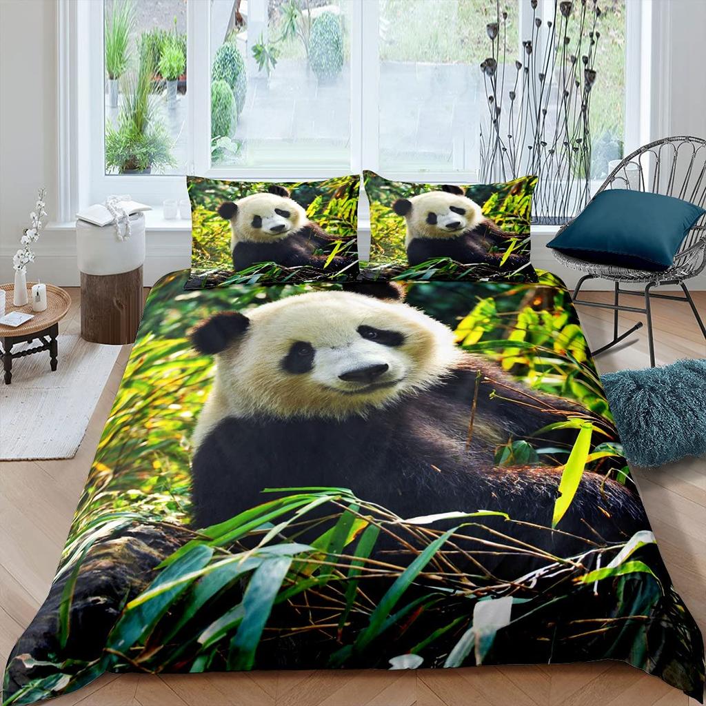 Husă de plapumă 3D Panda Mărime Queen Husă de plapumă drăguță cu panda Set de lenjerie de pat cu bambus Husă de plapumă pentru copii băieți fete adolescenți 3 piese