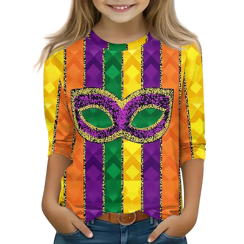 Print Tops For Youth Girls Round Neck 3/4 Sleeves T-Shirts Trendy Tops Outfit Tees