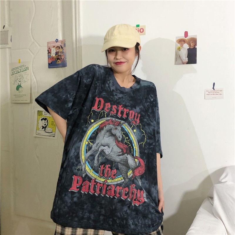 Dámske letné tričko s krátkym rukávom a potlačou písmen s okrúhlym výstrihom, voľný top s krátkym rukávom, streetwear tričko s batikovanou potlačou