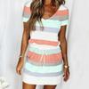 New Striped Women's V-neck Drawstring Short-sleeved Dress