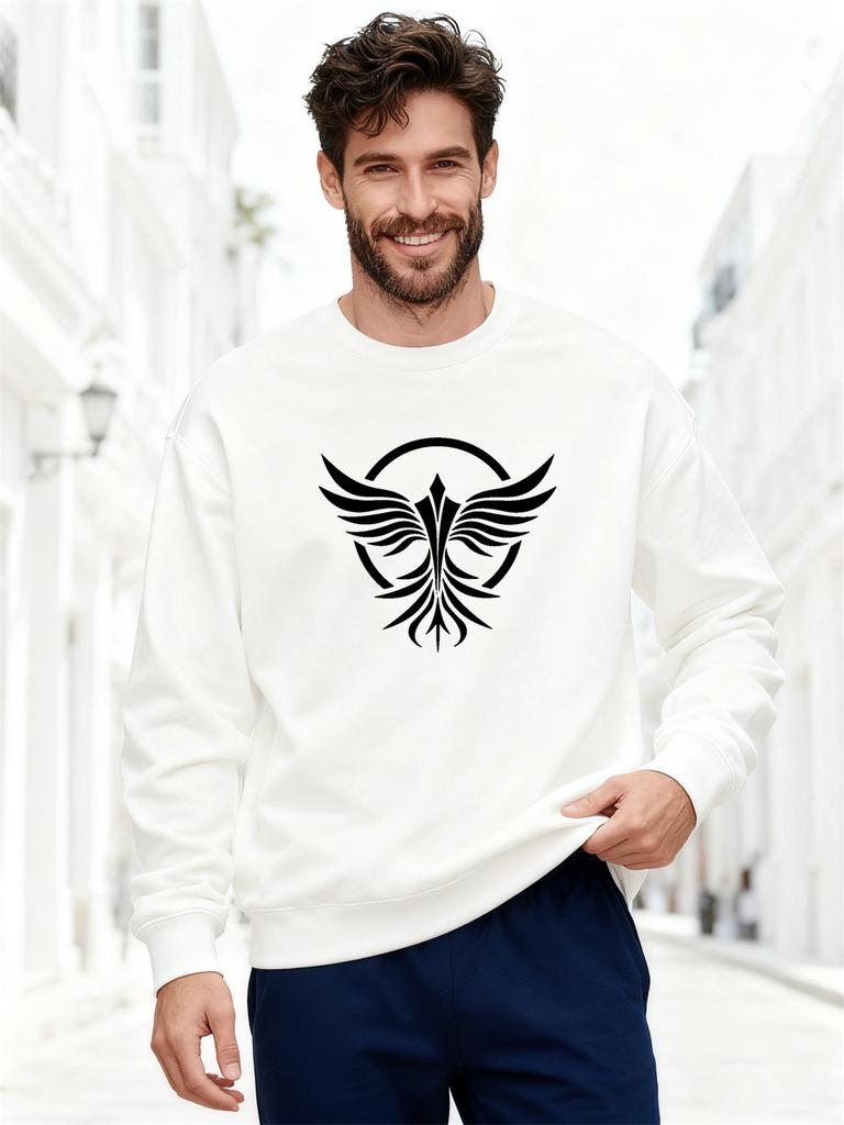 Men's White Bird Pattern Casual Crewneck Sweatshirt, PLUS SIZE 100% Cotton Printed Long-Sleeve Crew Neck Pullover