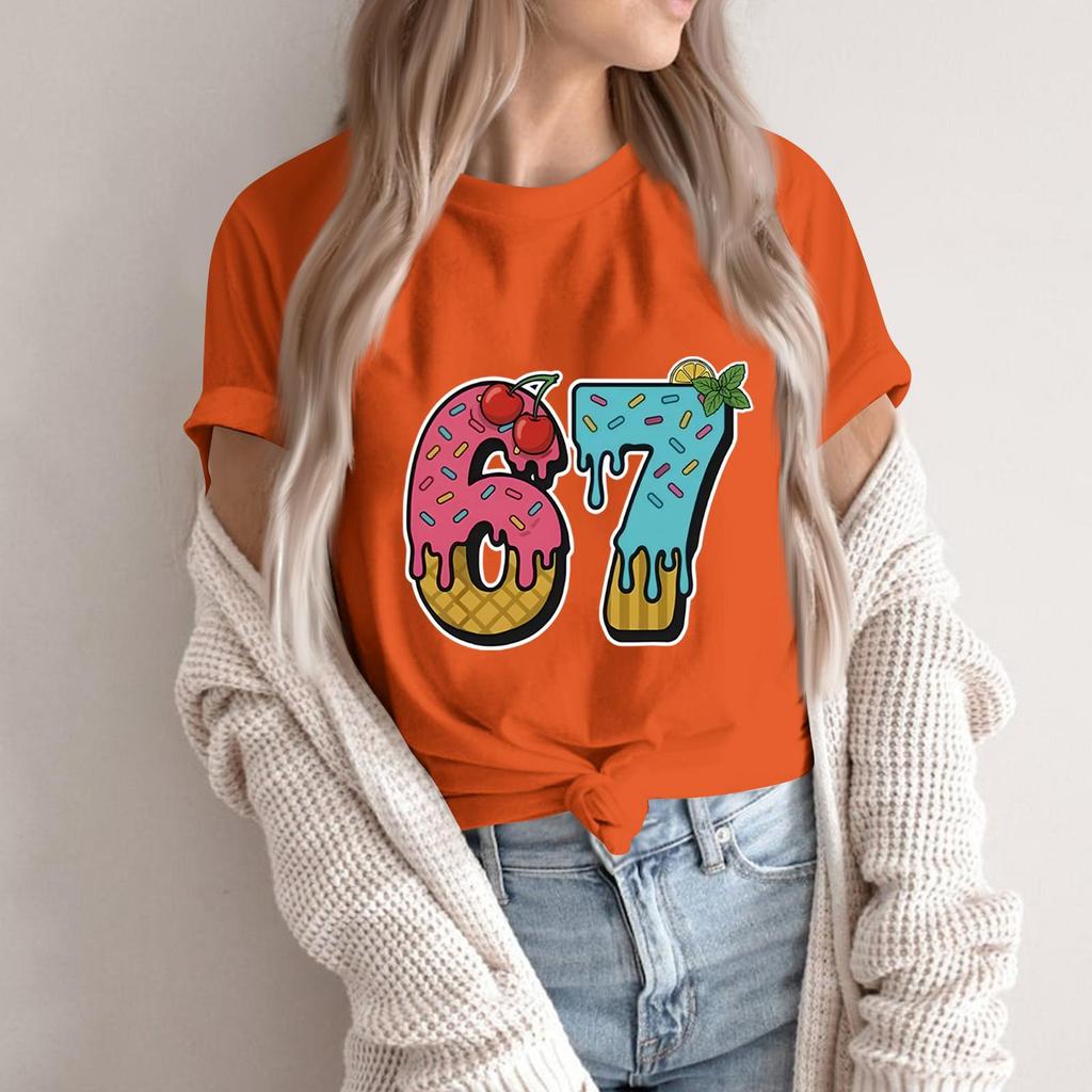 Women's Fashionable Casual Short Sleeved Printed T-Shirt Round Neck Top