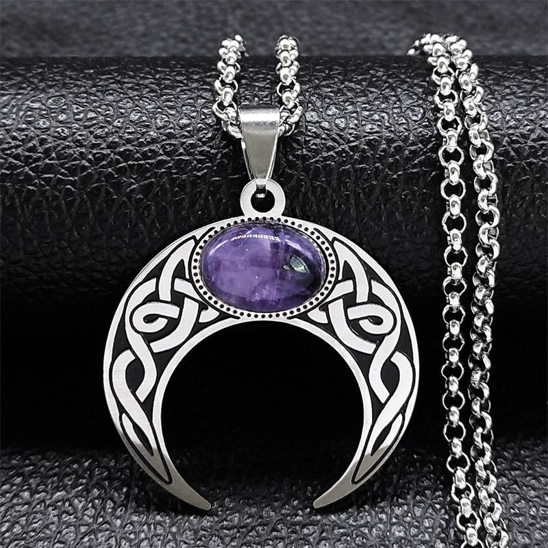 Vintage Crescent Moon Knot Pendant Necklaces for Women Stainless Steel Blue Stone Silver Color Punk Chain Jewelry Collier N7941