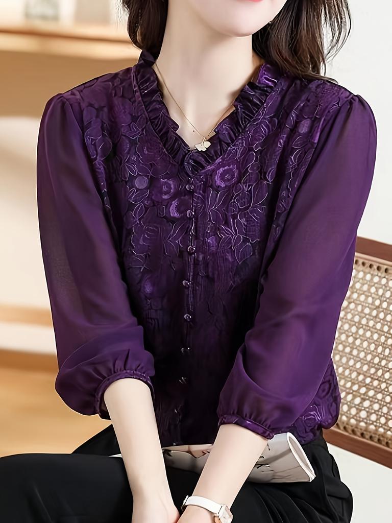 Kadınlar için Vintage 3/4 Kol Çiçek Desenli Fırfır Detaylı Bluz - Zarif Yarı Şeffaf Polyester V Yaka Düğmeli Yazlık Gömlek